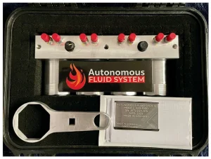 Autonomous Fluid System AFS-1000 fuel rail manifold injector testing component made in Germany.